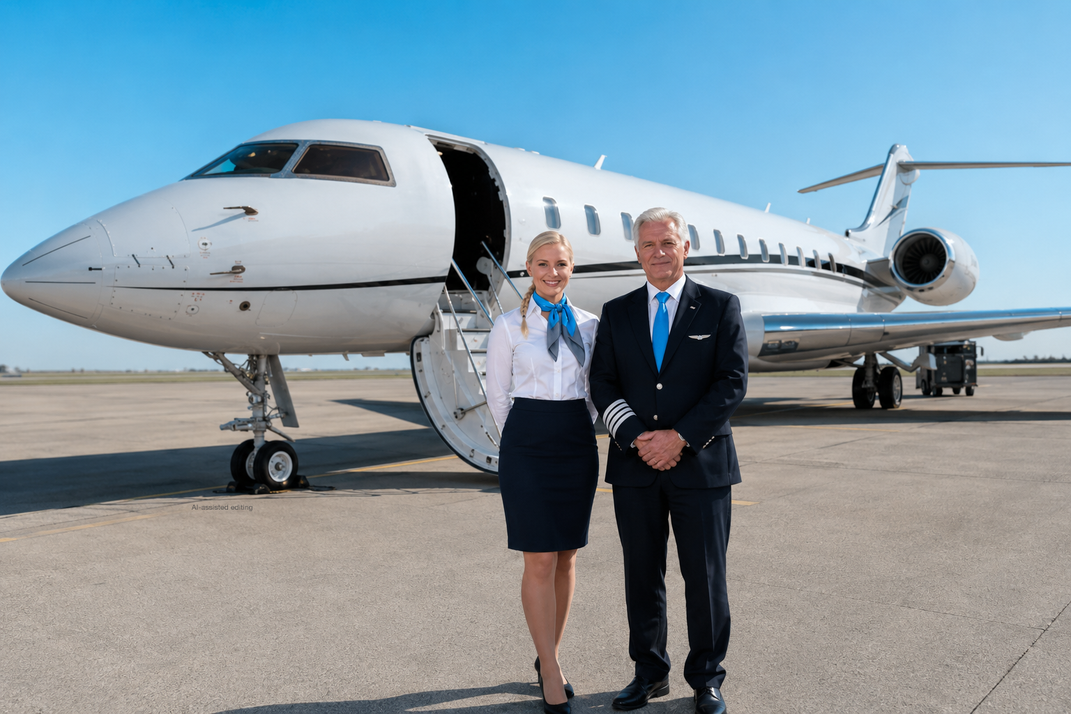 Lohn Aviation Flugbegleiterin und Kapitän vor einem Privatjet