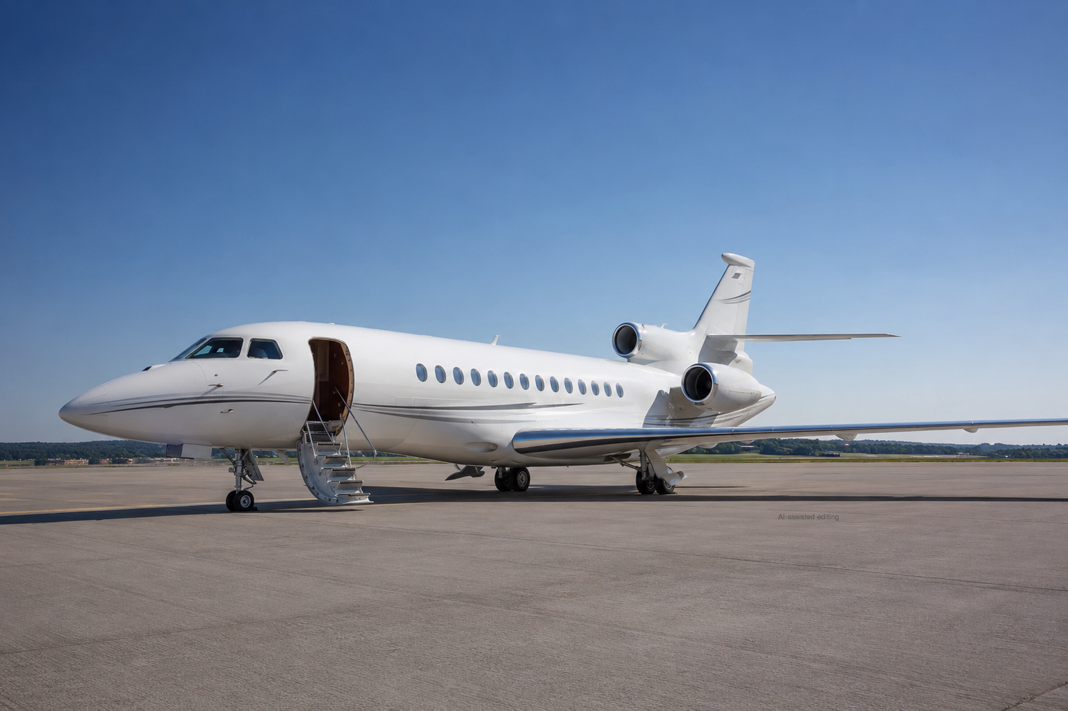 Weiße Dassault Falcon 8X mit geöffneter Tür auf dem Vorfeld vor einem Privatflug auf die Malediven