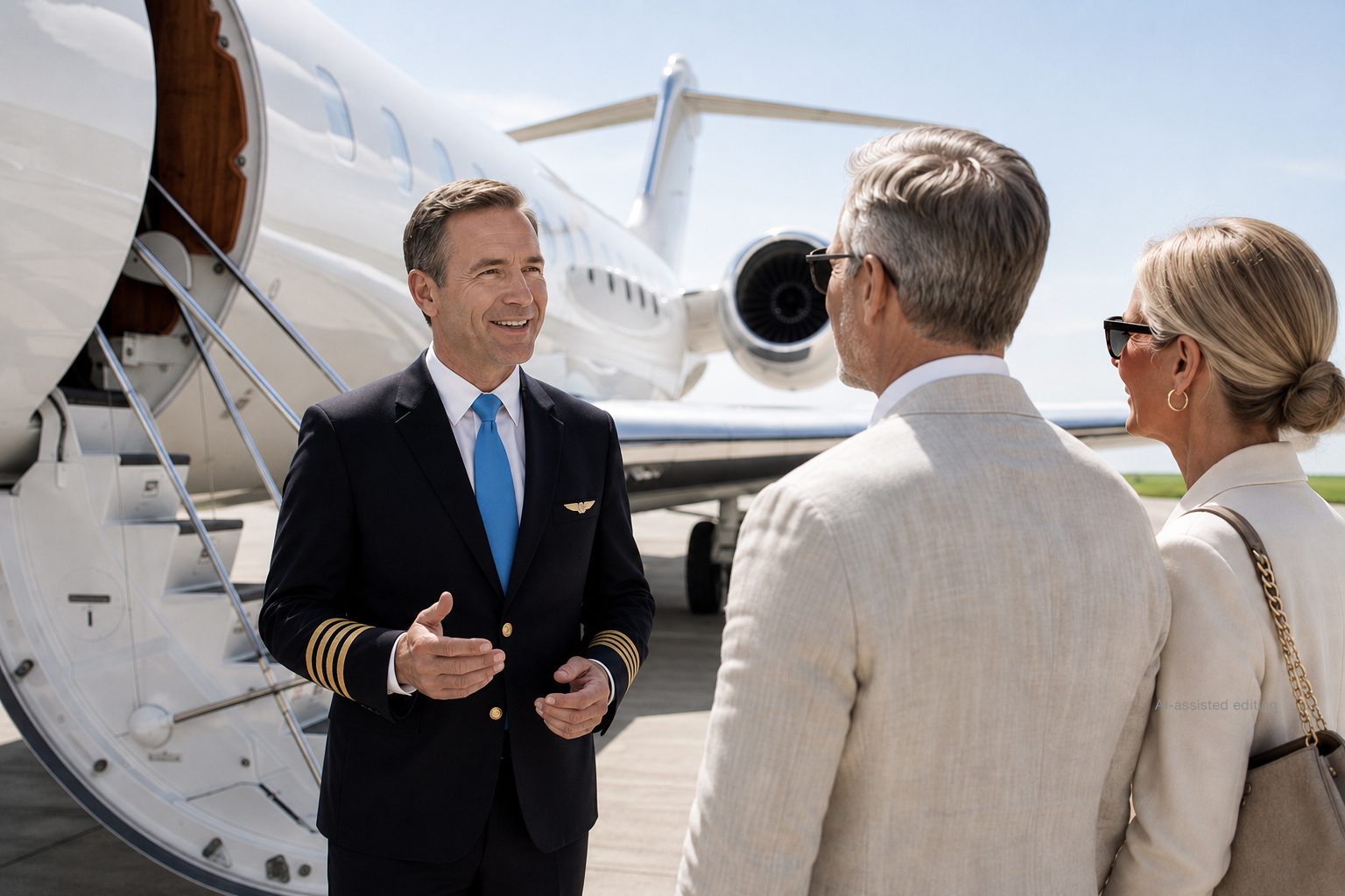 Persönlicher Service bei Lohn Aviation Flugkapitän von Lohn Aviation begrüßt zwei Gäste vor einem Business Jet auf dem Vorfeld eines Flughafens.