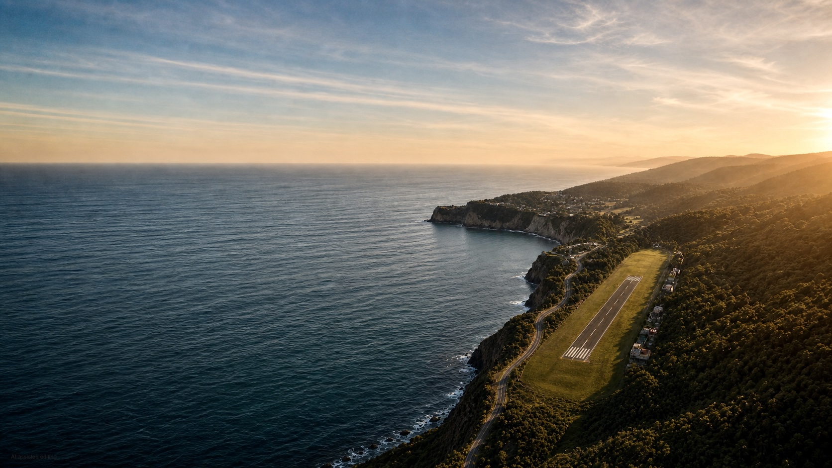 Luftaufnahme eines kleinen Küstenflugplatzes mit Landebahn auf einer grünen Landzunge am Meer im warmen Abendlicht. Geeignet für den Beitrag über die Vorteile kleiner Flughäfen.